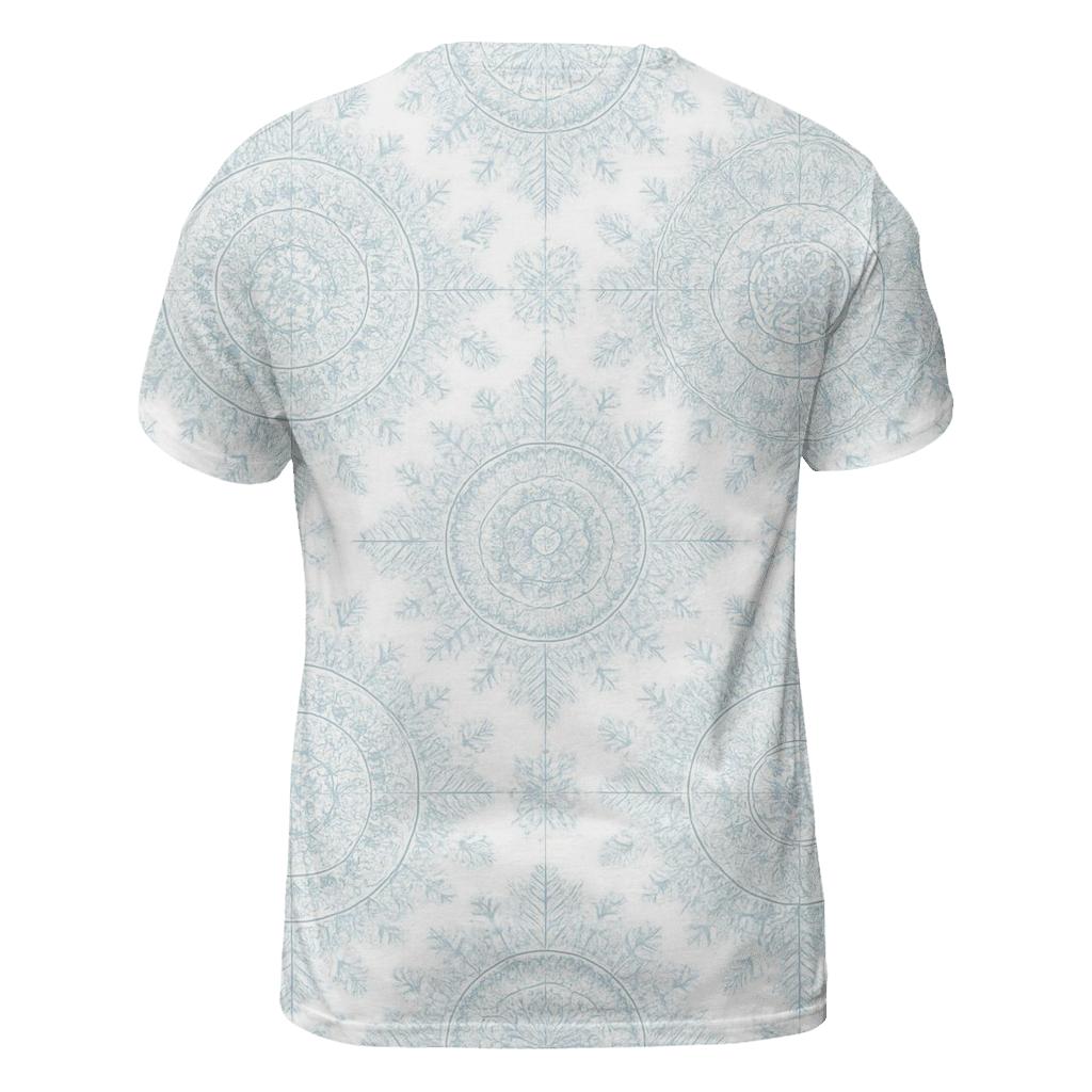 Snowflake Mandala Burst On Icy White statement graphic shirts