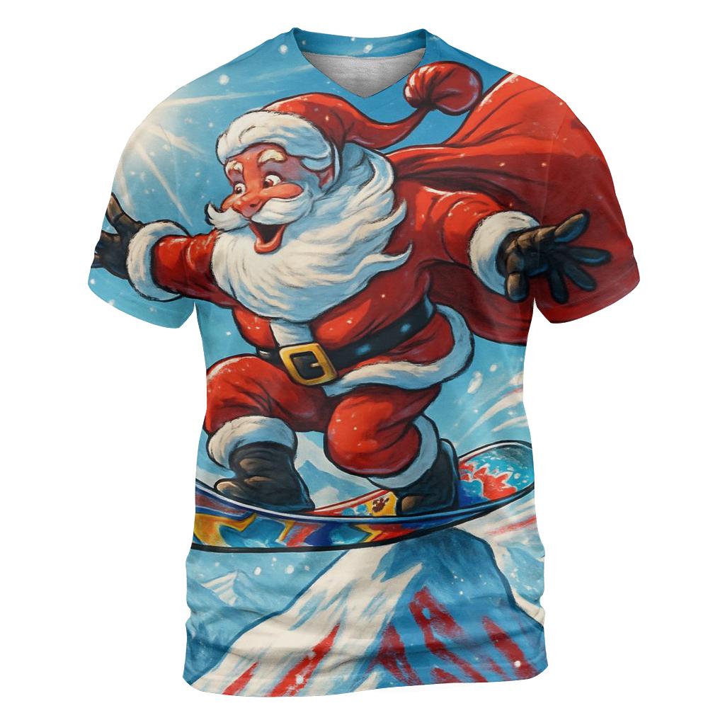 Mountain Summit Snowboard Santa vibrant all-over design tees