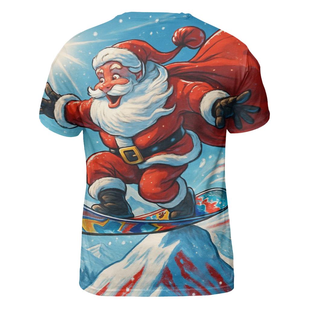 Mountain Summit Snowboard Santa vibrant all-over design tees