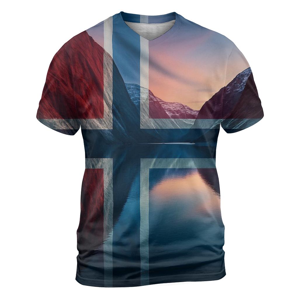 Norwegian_flag_fjord_glow_reflection vibrant all-over design tees