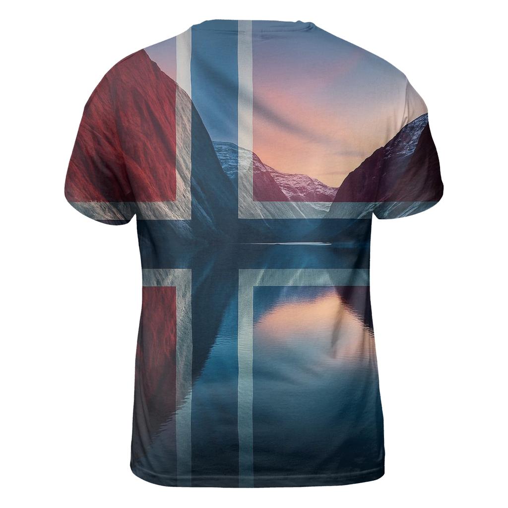 Norwegian_flag_fjord_glow_reflection vibrant all-over design tees