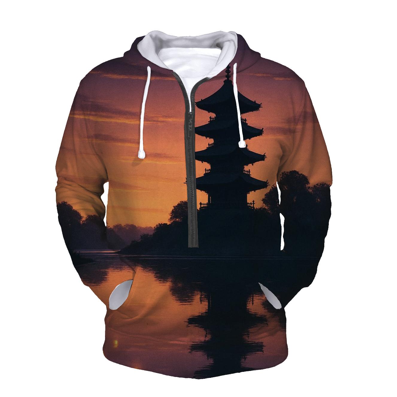 Zen Pagoda At Ember Horizon premium hoodies