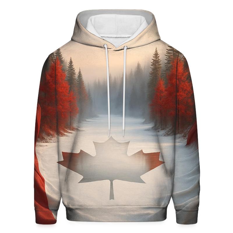 Canadian_flag_snow_reflection_lakescape printed hoodies