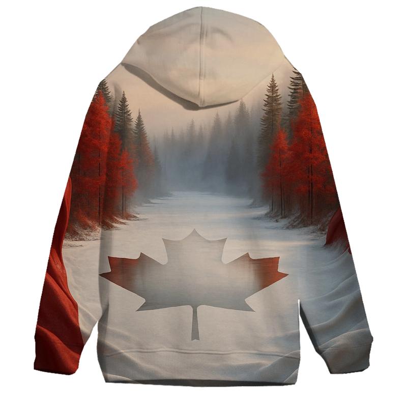 Canadian_flag_snow_reflection_lakescape printed hoodies