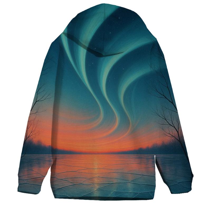 Aurora Sunset Over Frozen Lake heavyweight hoodies