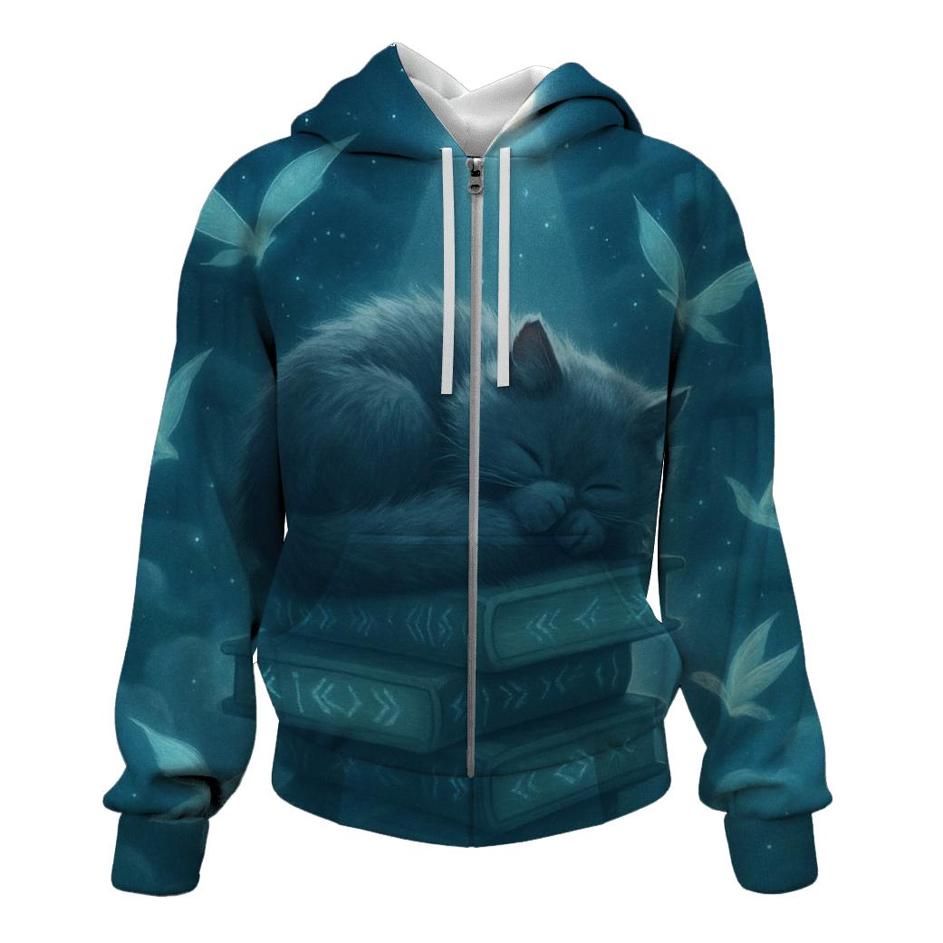 Moonlit Library Cat zip-up hoodies