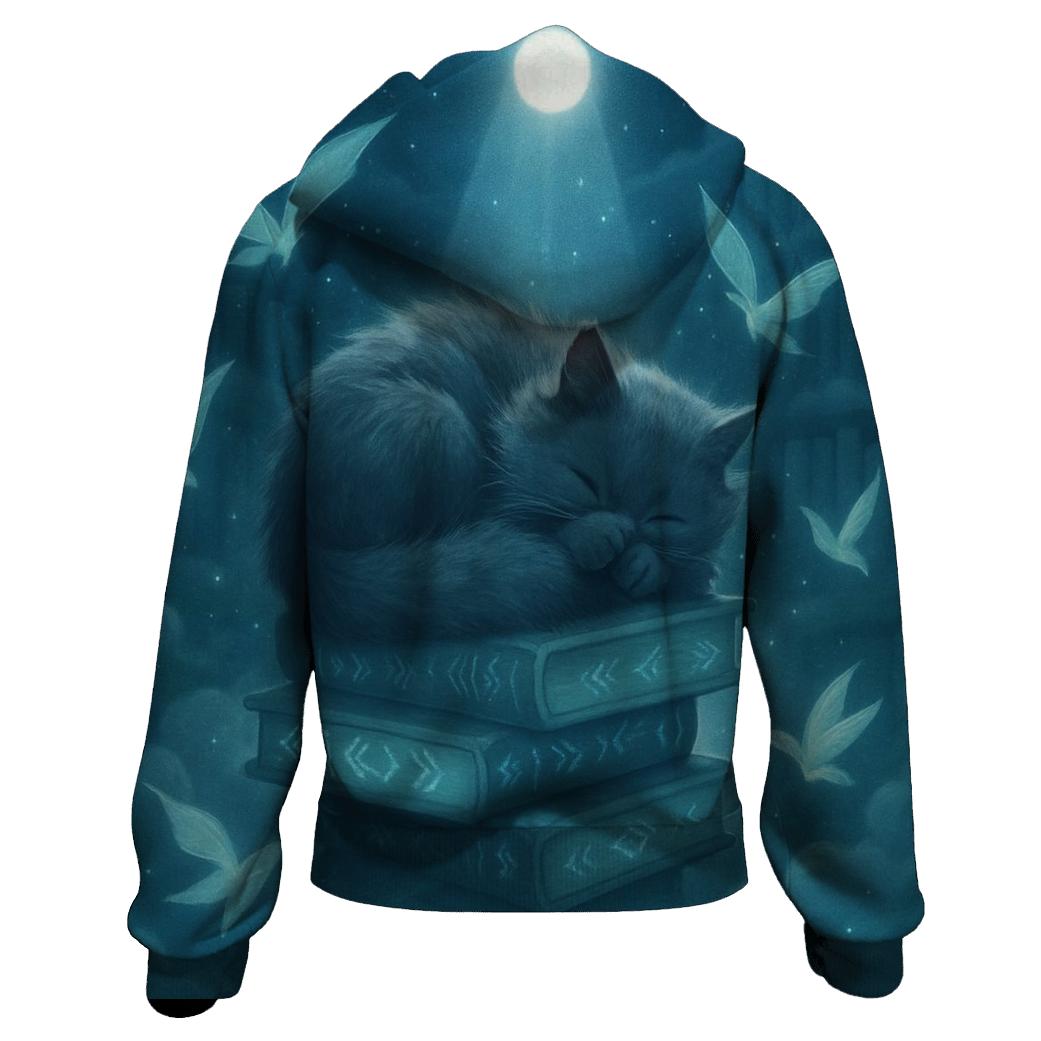 Moonlit Library Cat zip-up hoodies
