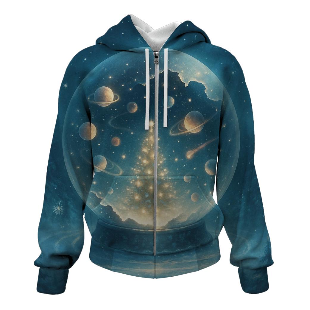 Cosmic Snow Globe Forest graphic hoodies