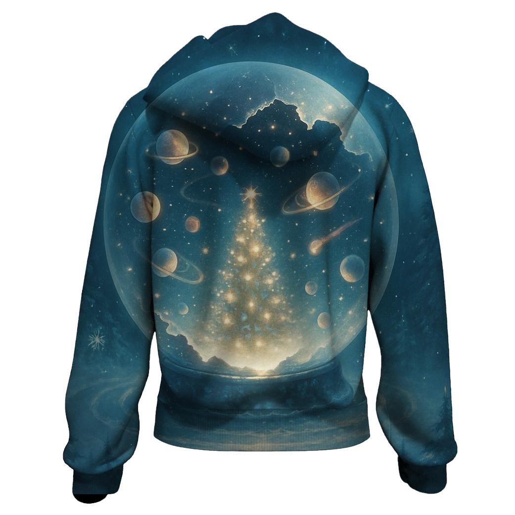 Cosmic Snow Globe Forest graphic hoodies
