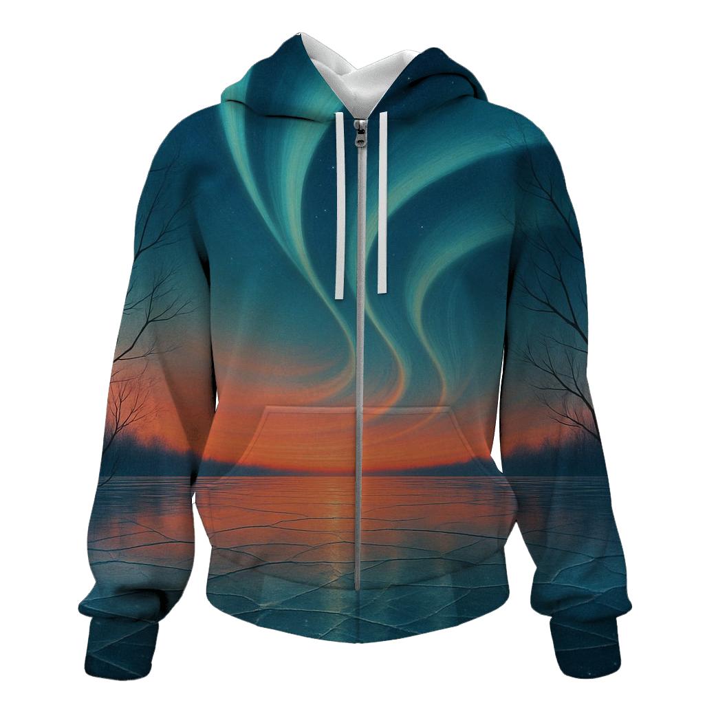 Aurora Sunset Over Frozen Lake zip-up hoodies