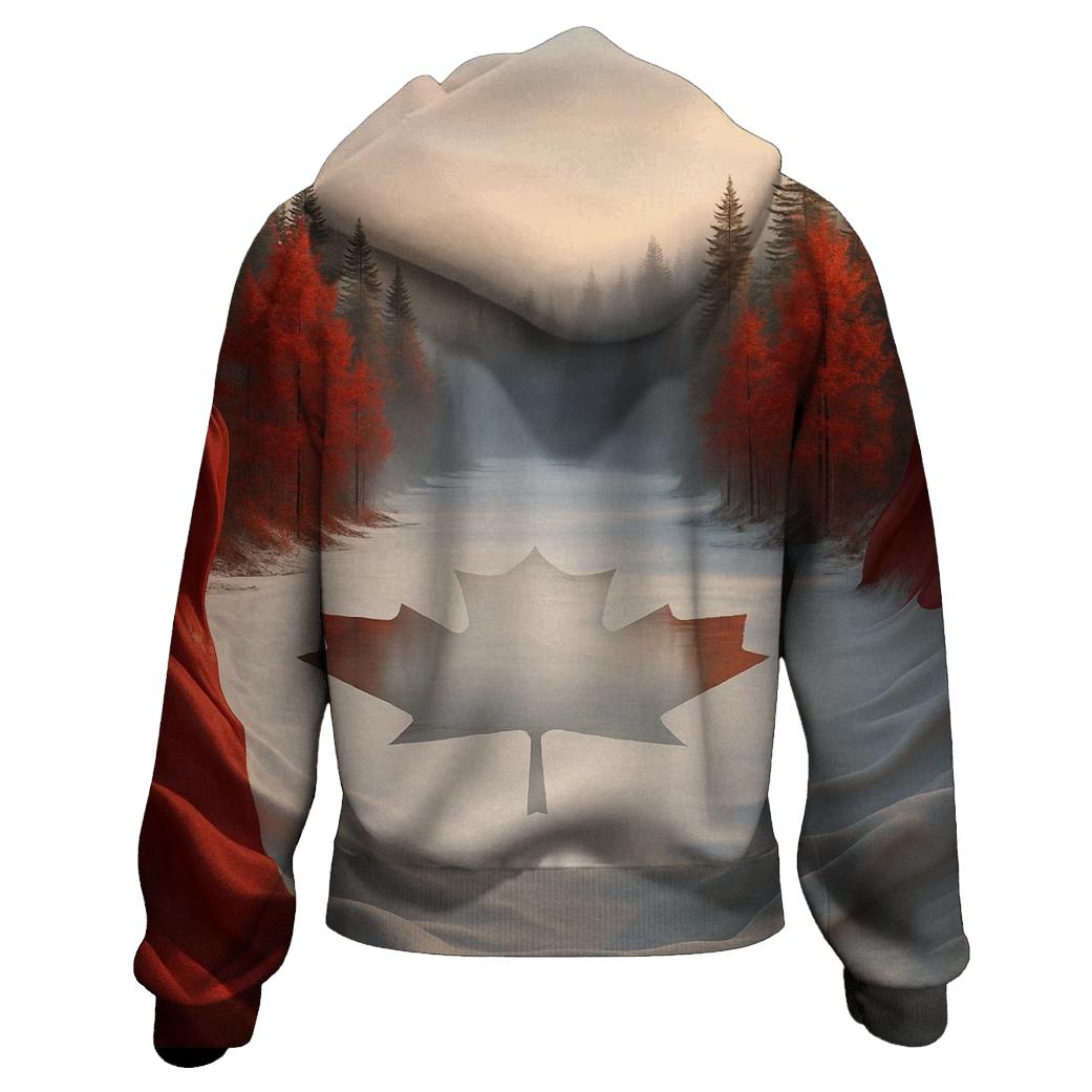 Canadian_flag_snow_reflection_lakescape designer hoodies
