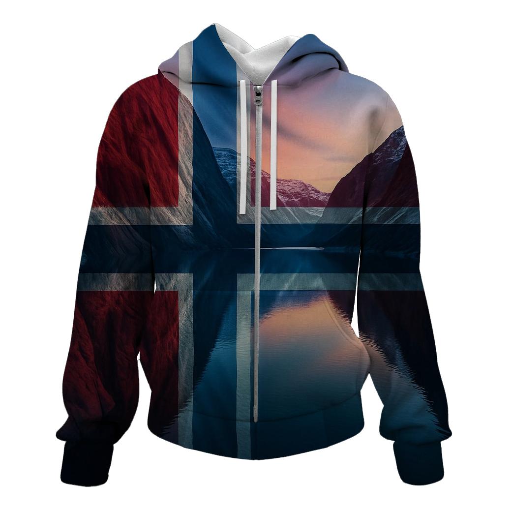 Norwegian_flag_fjord_glow_reflection premium hoodies