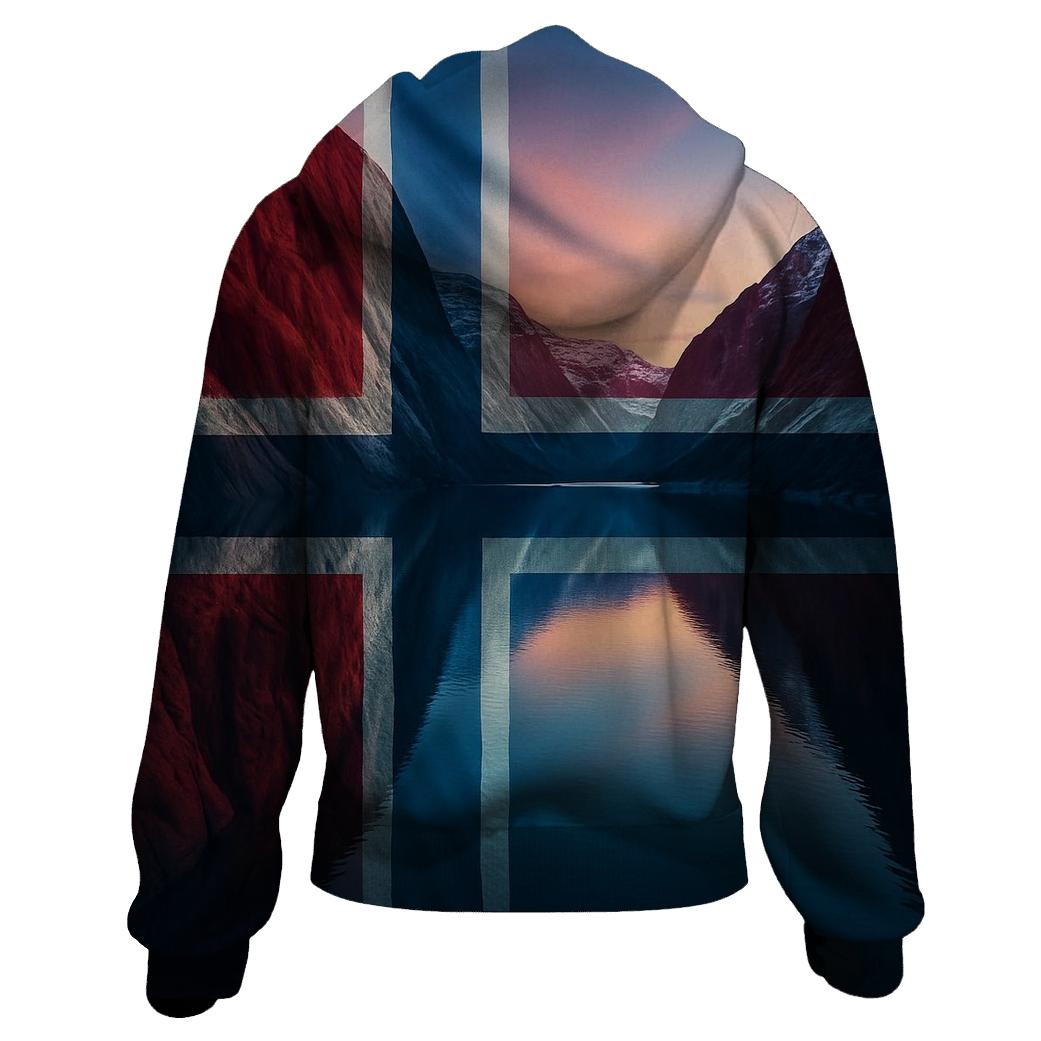 Norwegian_flag_fjord_glow_reflection premium hoodies