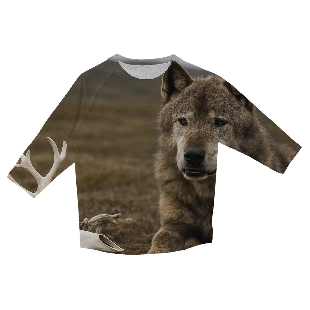 Old Alpha Wolf Resting Near Caribou Bones printed three quarter sleeve shirts