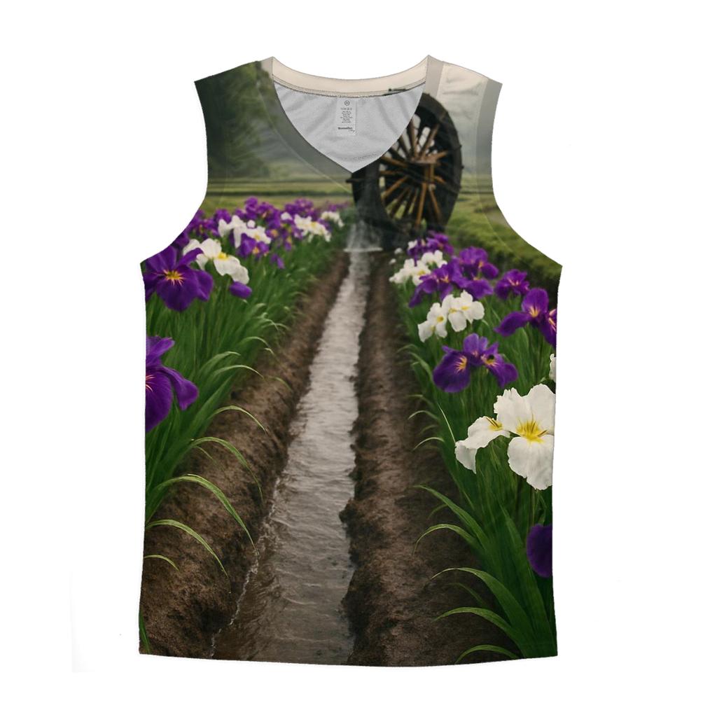 Iris Field Beside Traditional Waterwheel designer workout tanks