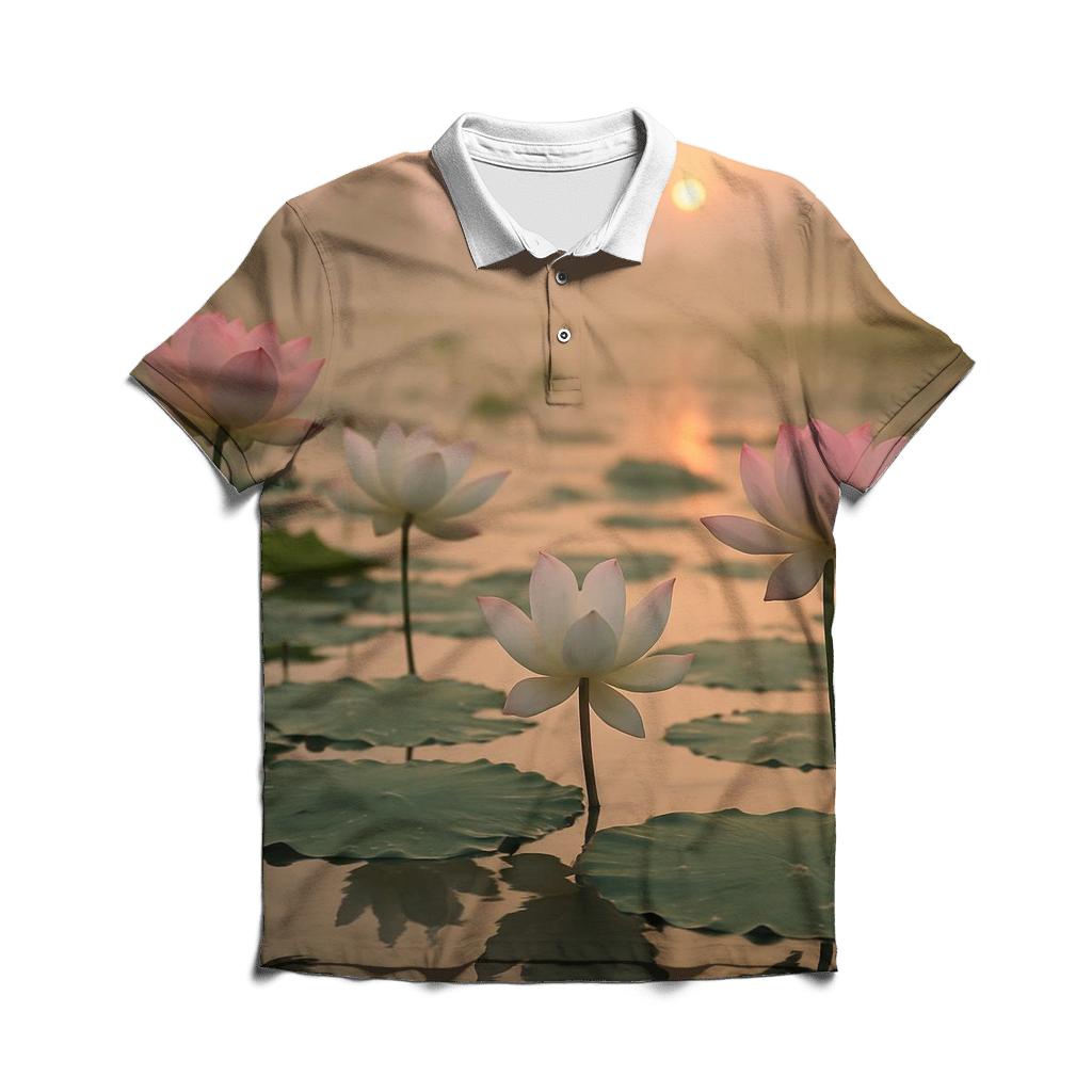 Dawn Mist Over Lotus Wetland embroidered polo tops