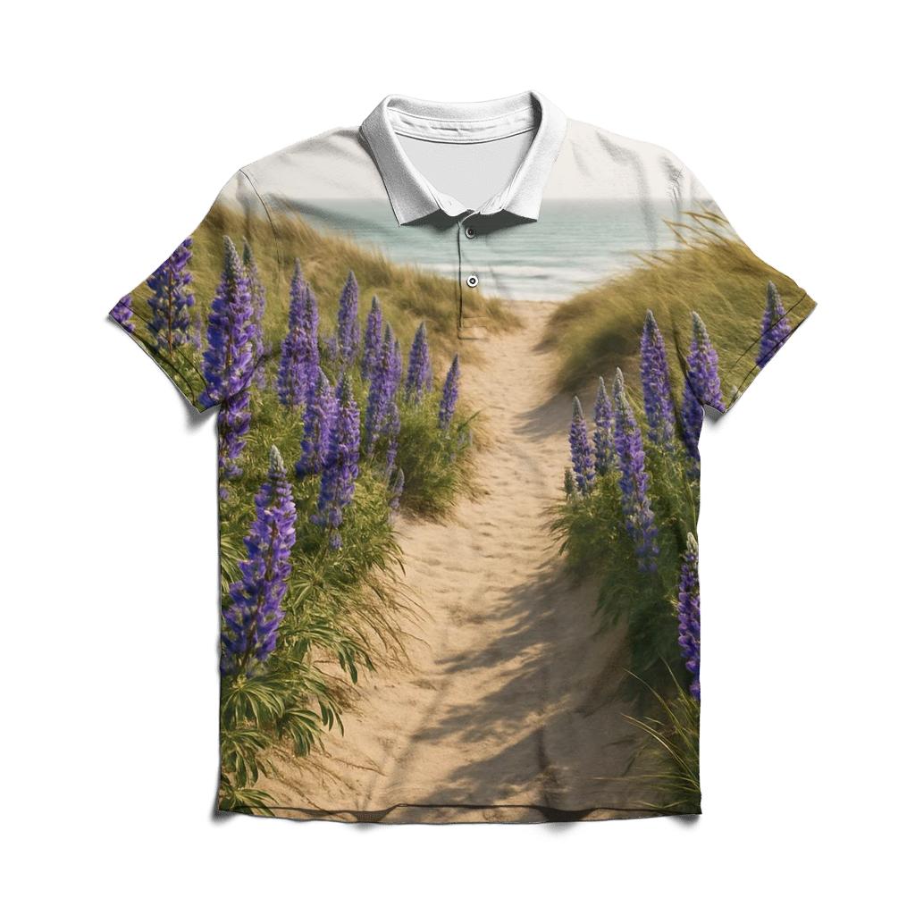 Wild Lupines Along Coastal Dune Path embroidered polo tops