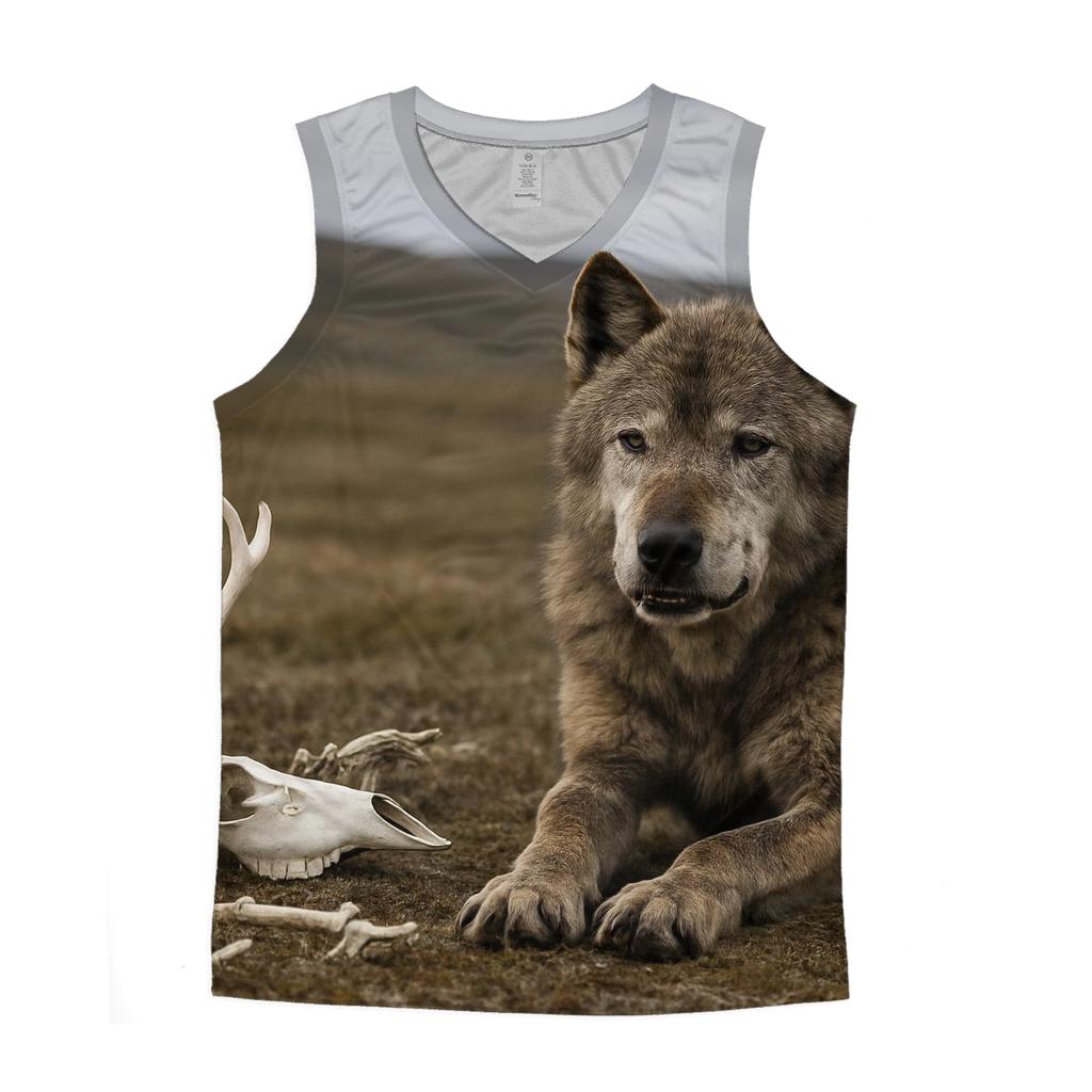 Old Alpha Wolf Resting Near Caribou Bones sports performance tank tops