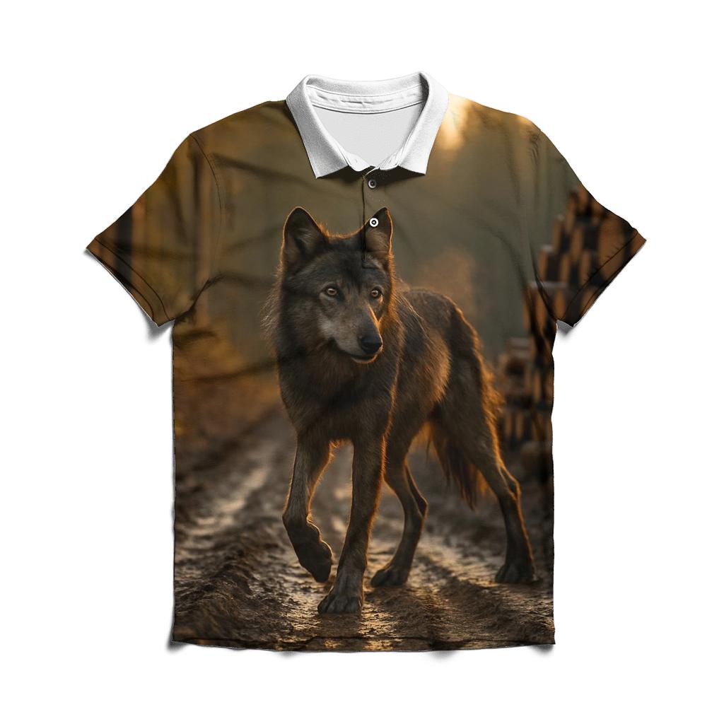 Timber Wolf Paused On Logging Road embroidered polo tops