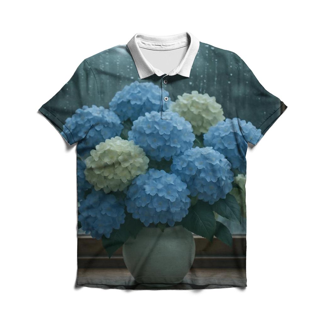 Hydrangeas Against Rain Streaked Window premium cotton polo shirts