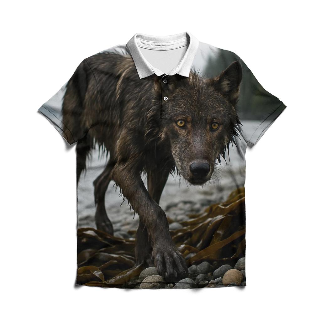 Coastal Wolf Emerging From Kelp Forest premium cotton polo shirts