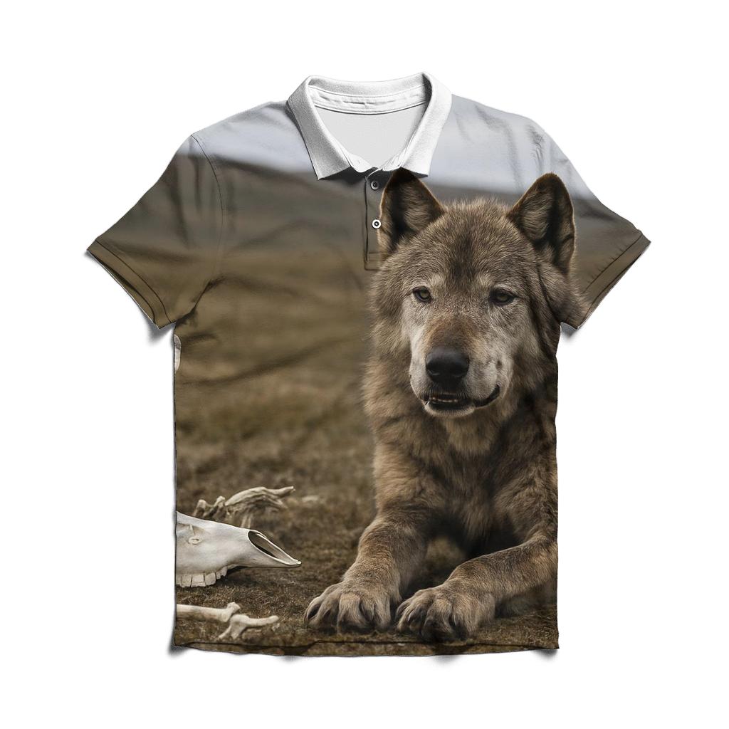 Old Alpha Wolf Resting Near Caribou Bones branded logo polo shirts