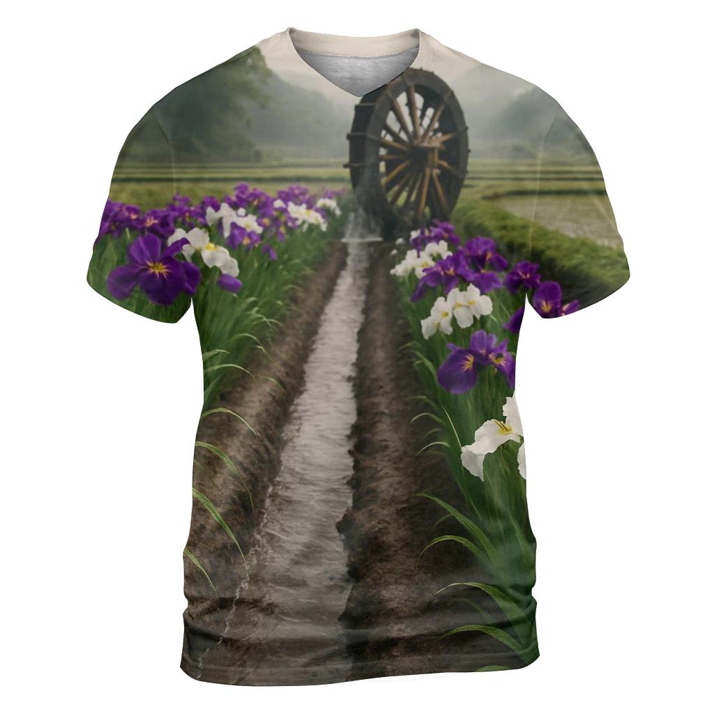 Iris Field Beside Traditional Waterwheel unique graphic print tees