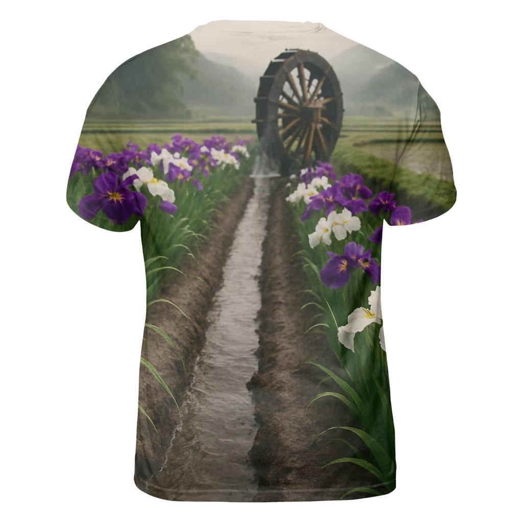 Iris Field Beside Traditional Waterwheel unique graphic print tees