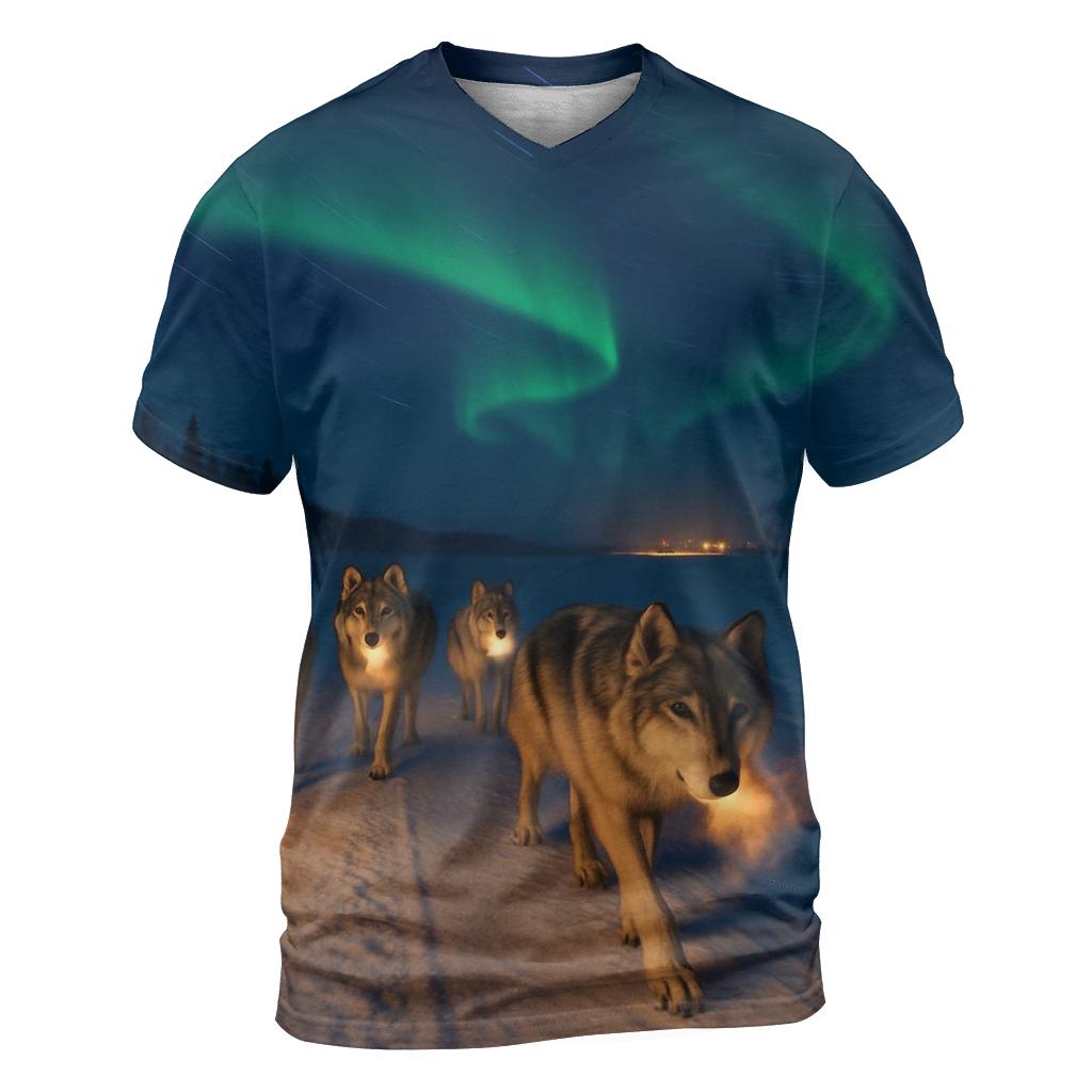Wolf Pack On Frozen River Under Aurora creative print fashion shirts