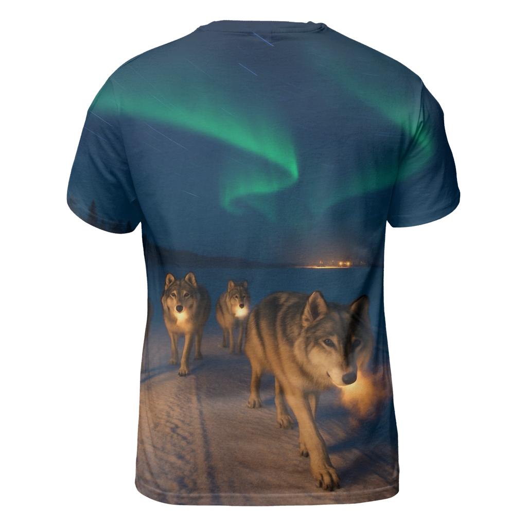 Wolf Pack On Frozen River Under Aurora creative print fashion shirts