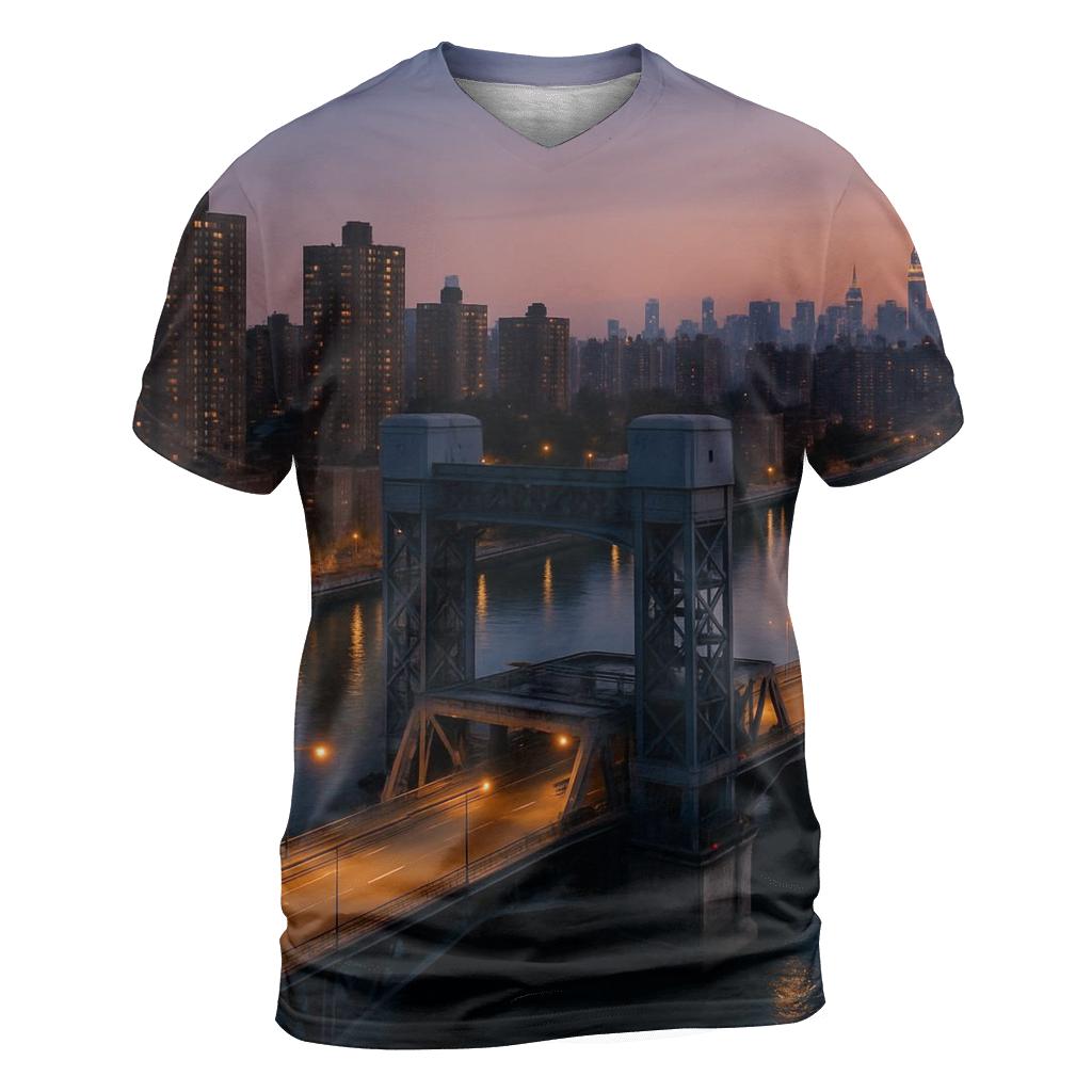 Harlem River Bridge And Uptown Skyline Dusk statement graphic shirts