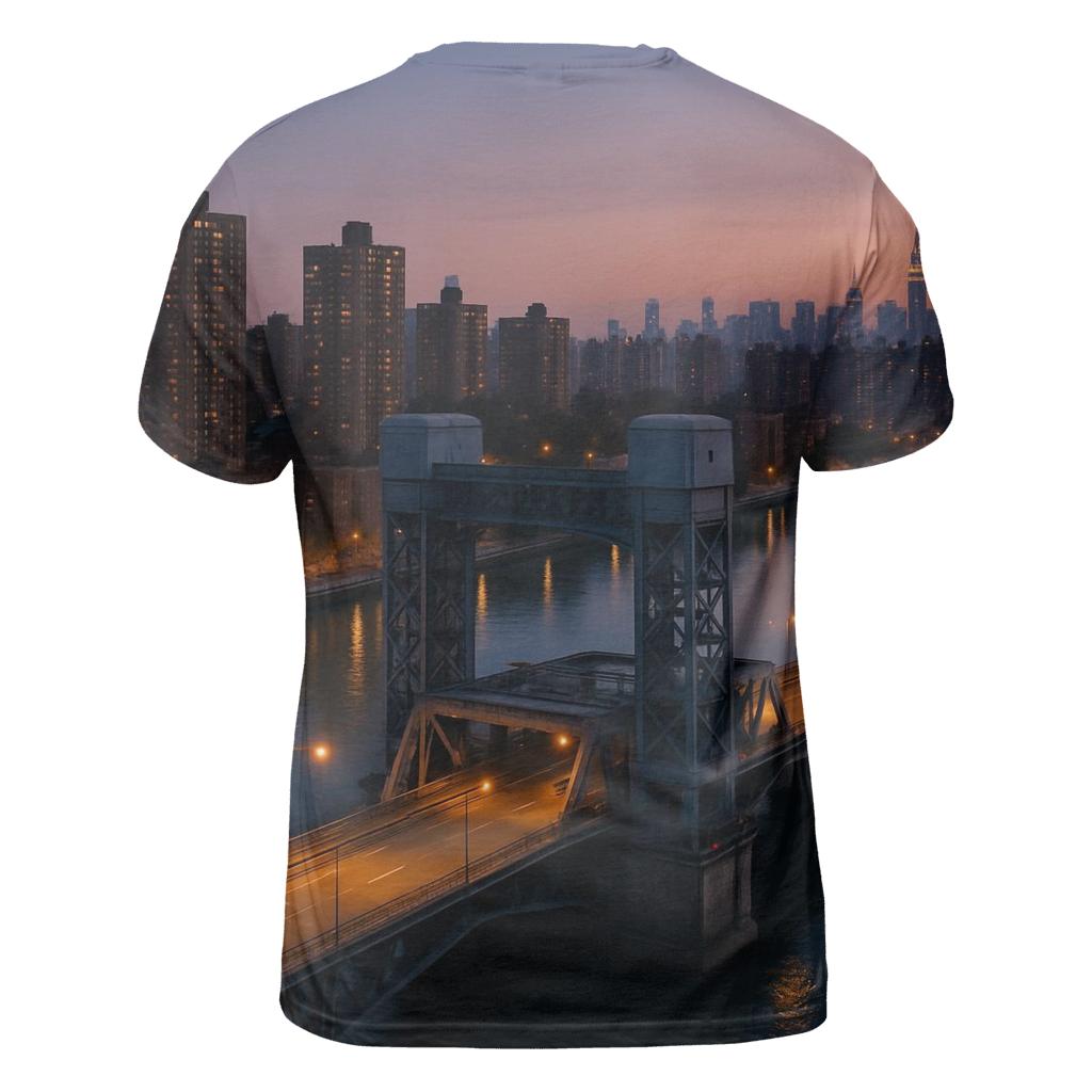 Harlem River Bridge And Uptown Skyline Dusk statement graphic shirts
