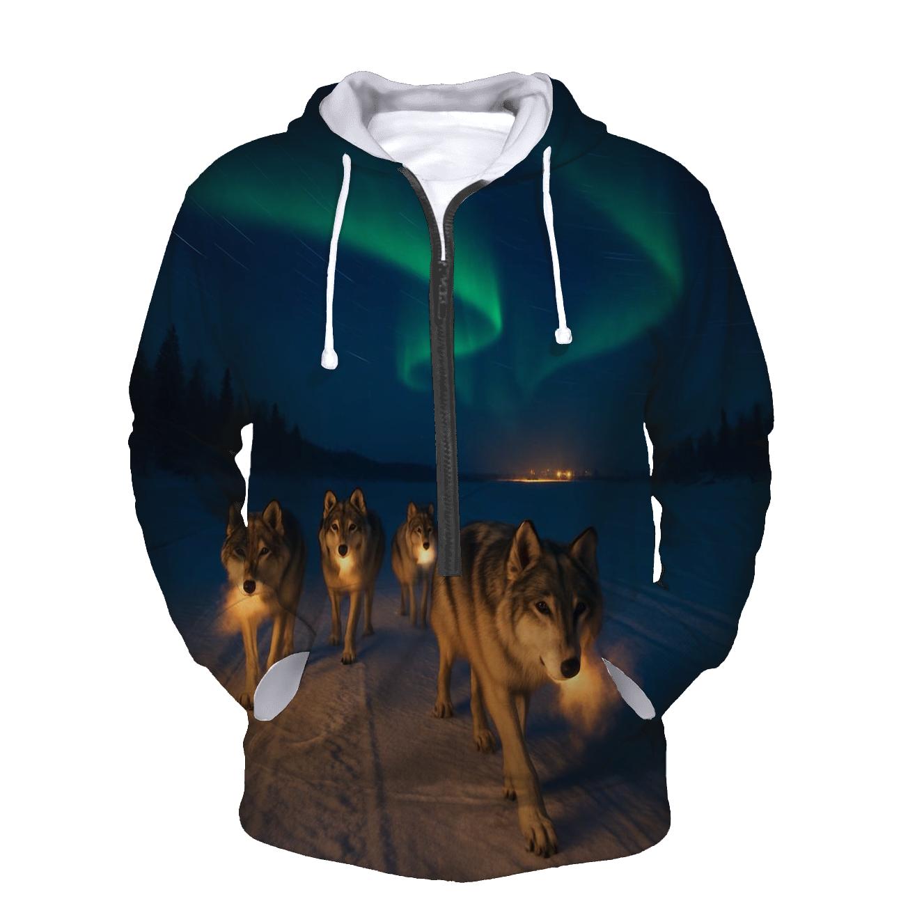 Wolf Pack On Frozen River Under Aurora custom hoodies