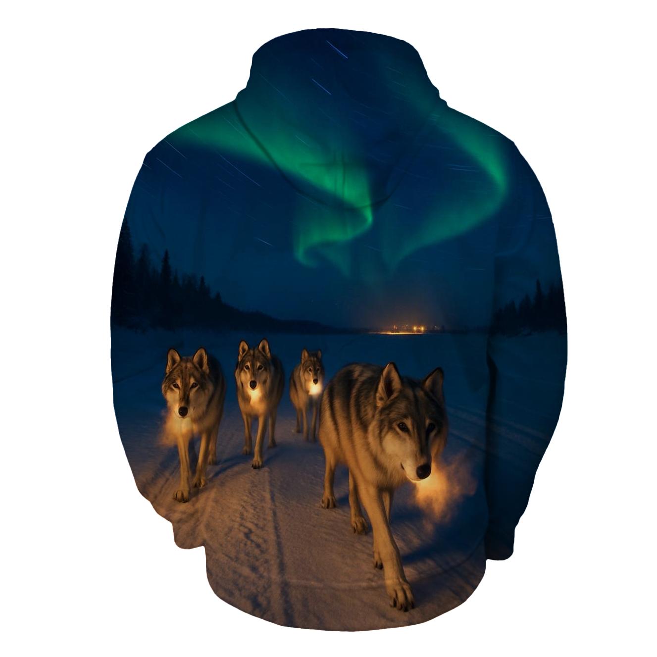 Wolf Pack On Frozen River Under Aurora custom hoodies