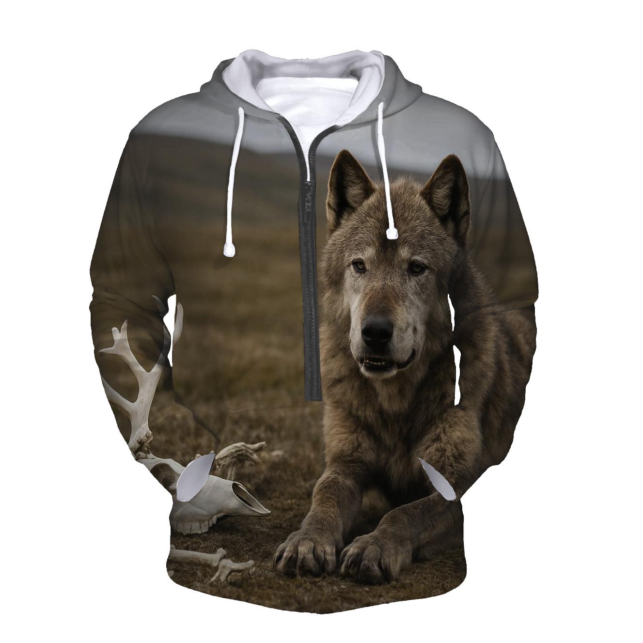 Old Alpha Wolf Resting Near Caribou Bones graphic hoodies