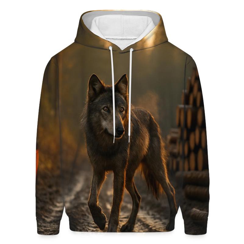 Timber Wolf Paused On Logging Road printed hoodies