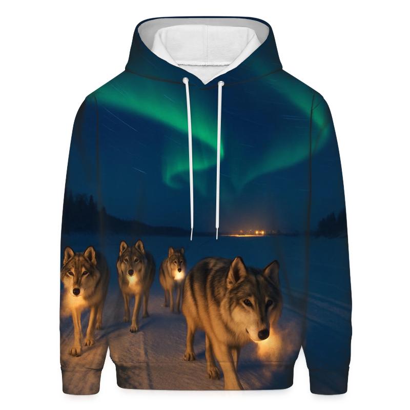Wolf Pack On Frozen River Under Aurora embroidered hoodies