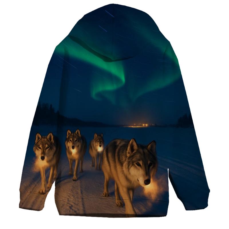 Wolf Pack On Frozen River Under Aurora embroidered hoodies