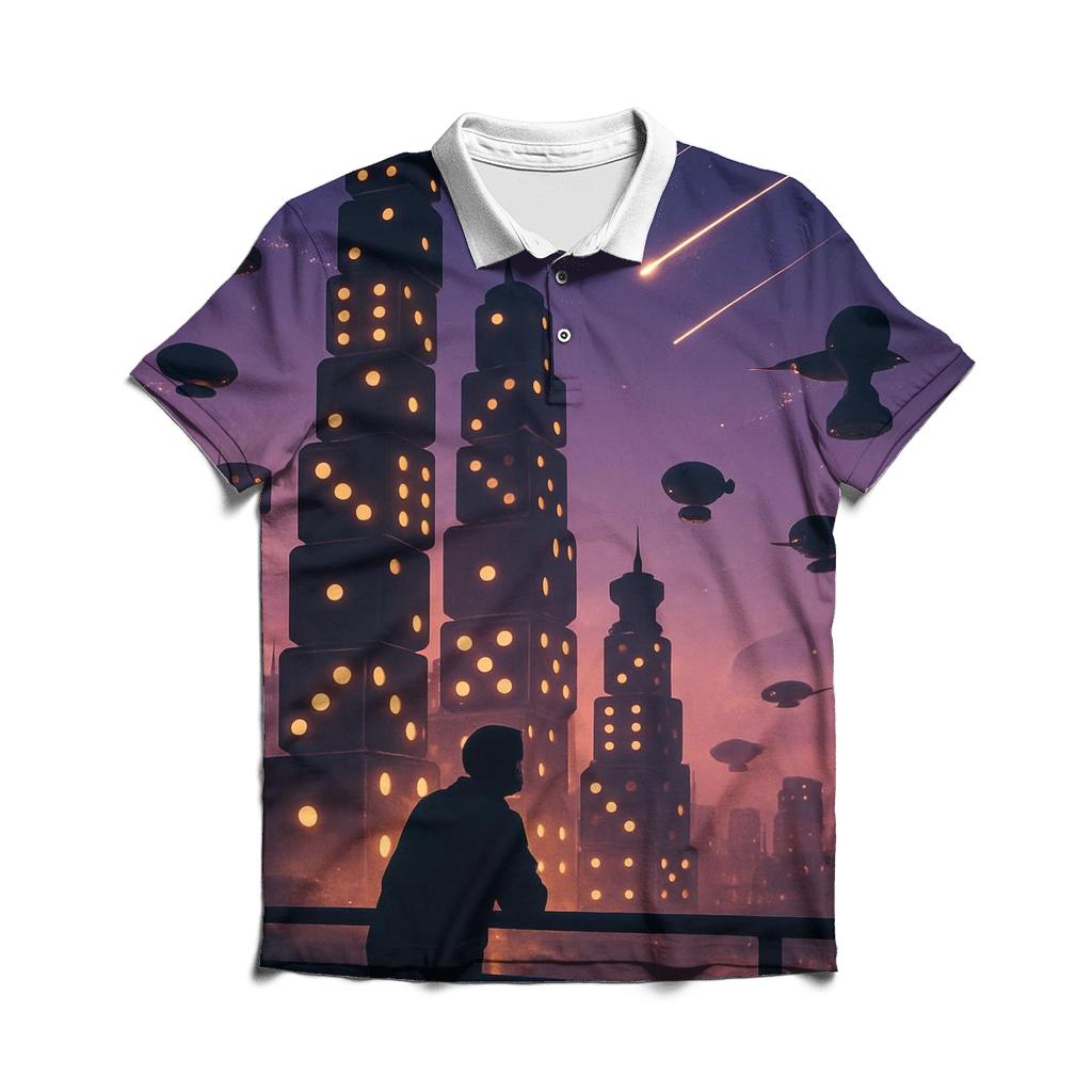 Dice Tower City At Dusk embroidered polo tops
