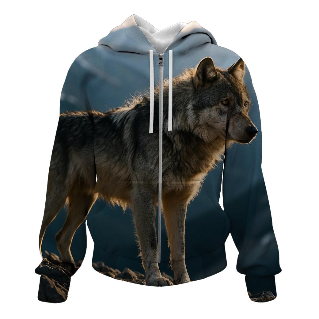 Lone Wolf On Wind Carved Ridge At Dusk embroidered hoodies