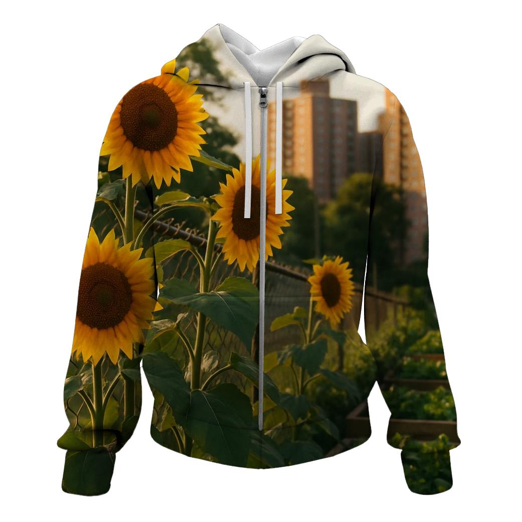 Sunflowers Bordering Urban Community Garden embroidered hoodies