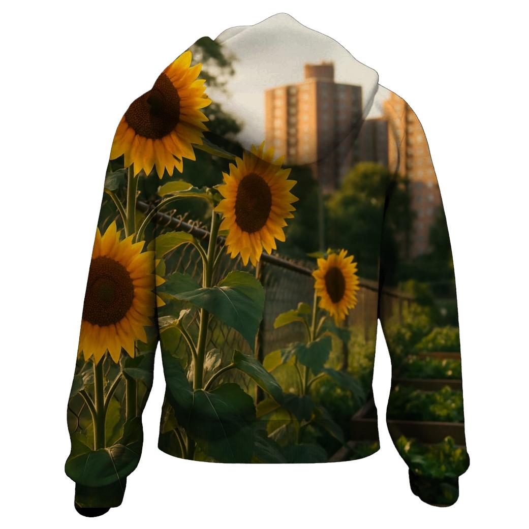 Sunflowers Bordering Urban Community Garden embroidered hoodies