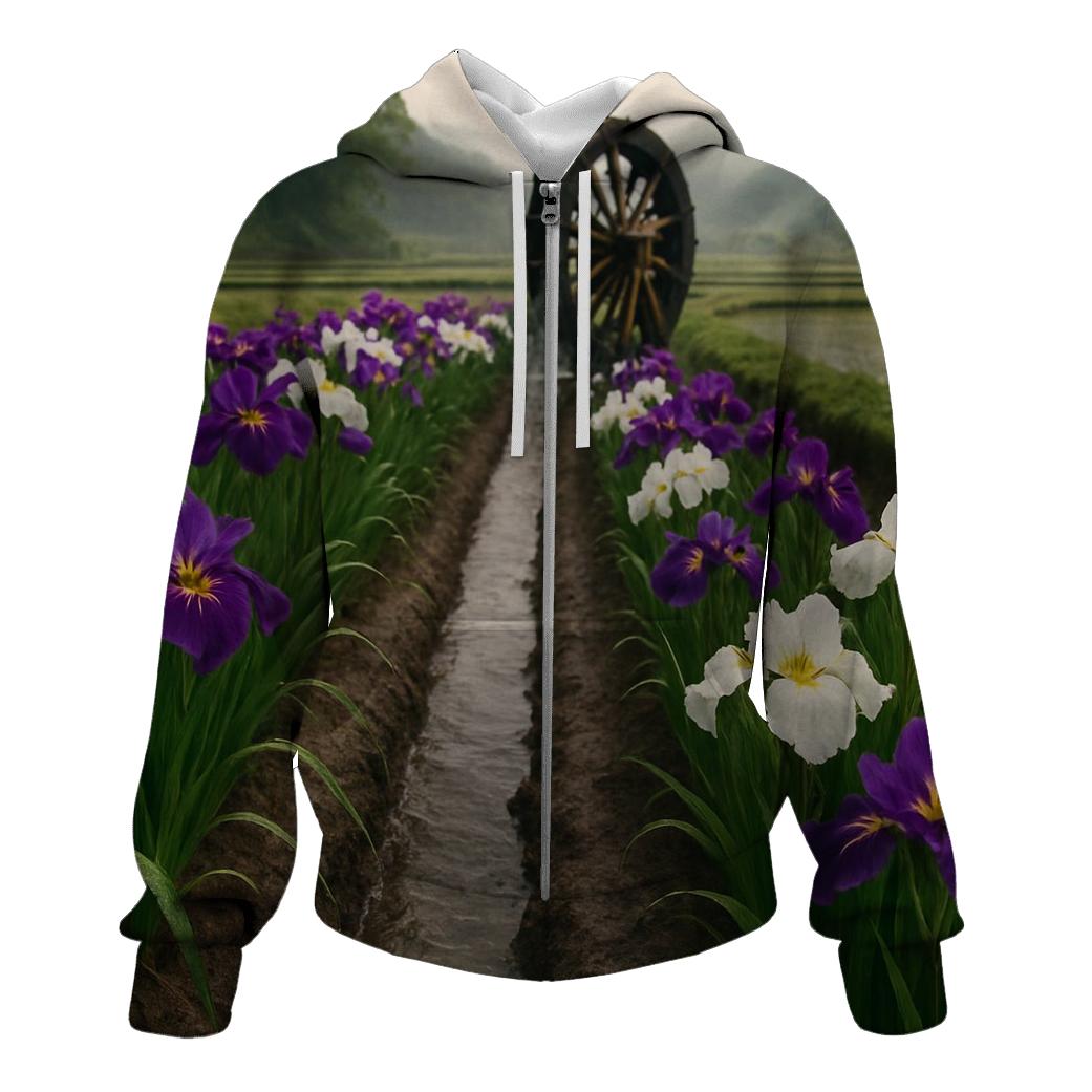 Iris Field Beside Traditional Waterwheel custom hoodies