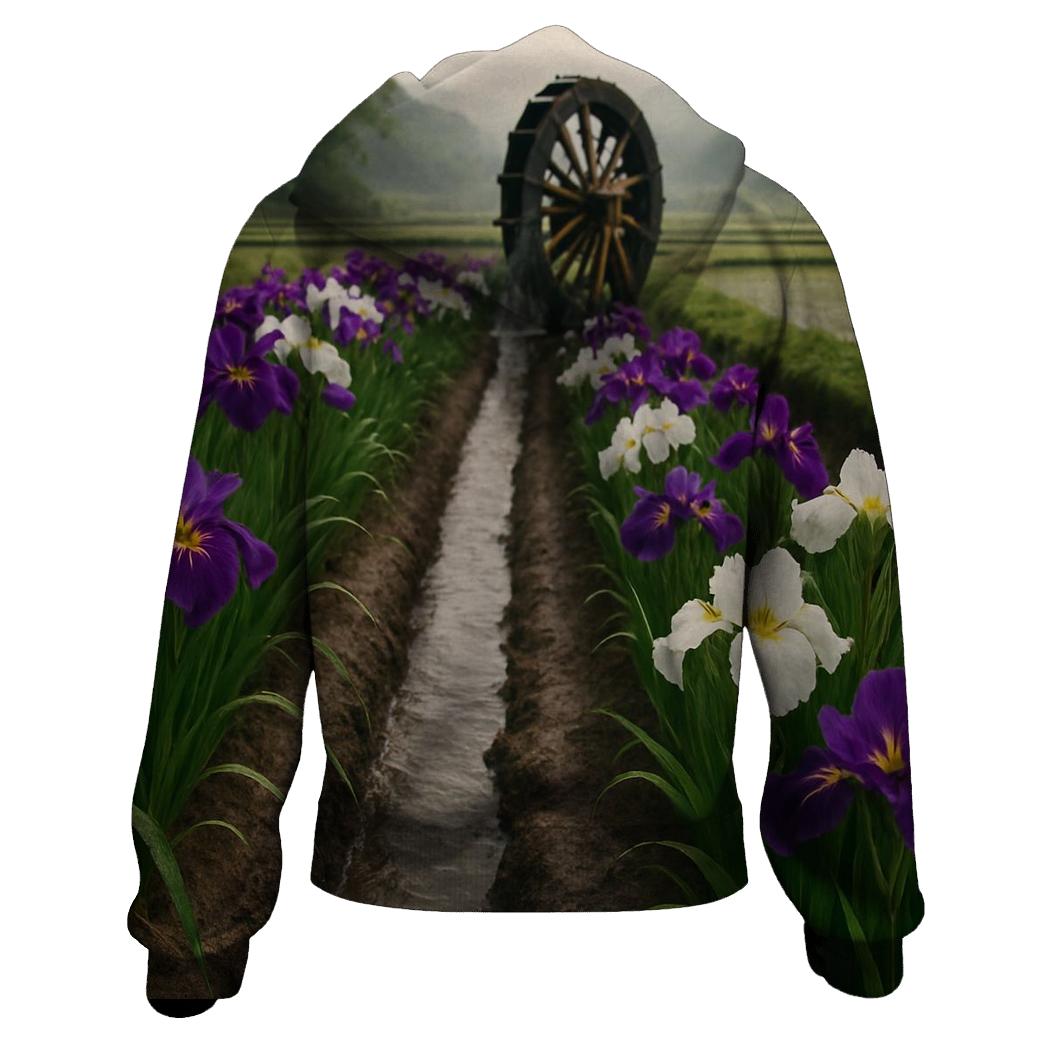 Iris Field Beside Traditional Waterwheel custom hoodies