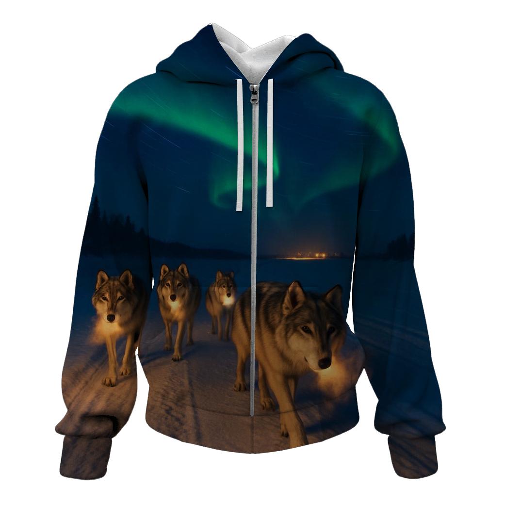 Wolf Pack On Frozen River Under Aurora designer hoodies