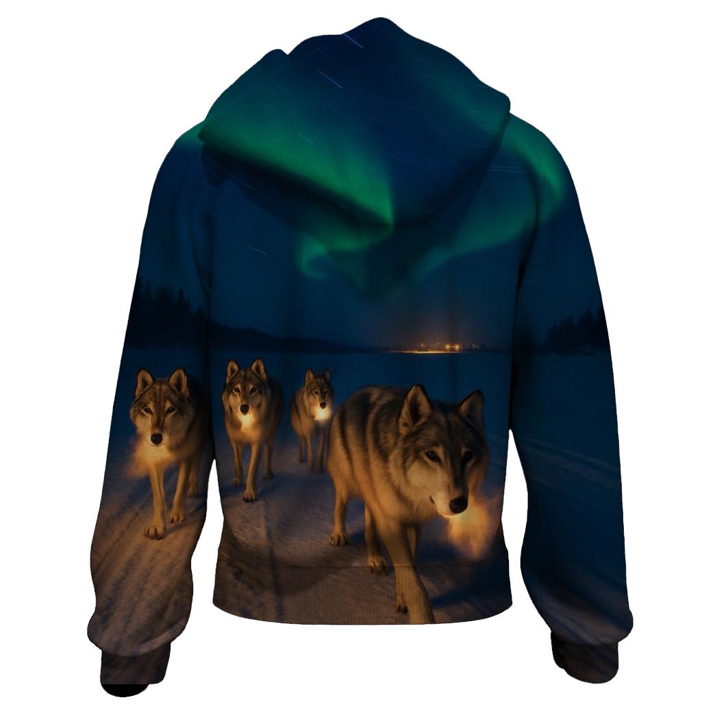 Wolf Pack On Frozen River Under Aurora designer hoodies