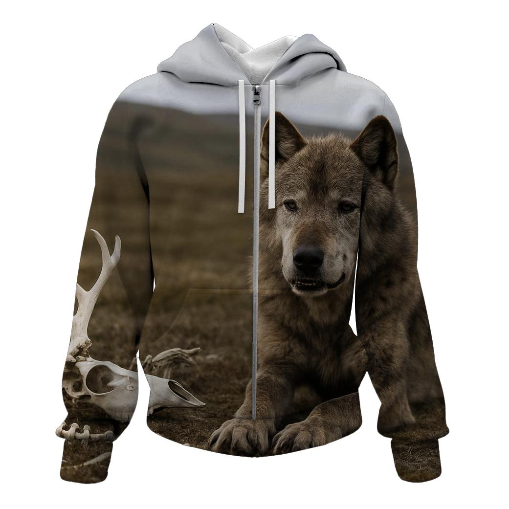 Old Alpha Wolf Resting Near Caribou Bones designer hoodies