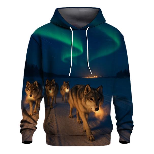 Wolf Pack On Frozen River Under Aurora printed hoodies