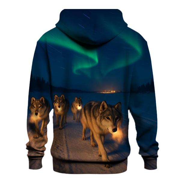 Wolf Pack On Frozen River Under Aurora printed hoodies