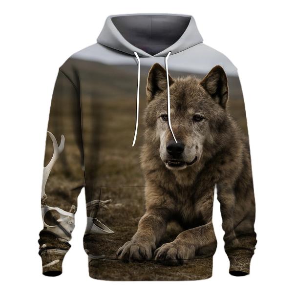 Old Alpha Wolf Resting Near Caribou Bones zip-up hoodies